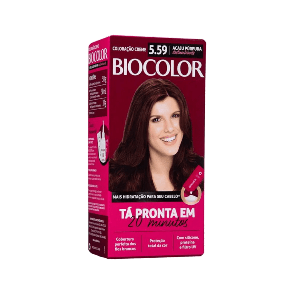 Embalagem lateral do Mini Kit Biocolor 5.59 destacando benefícios e componentes