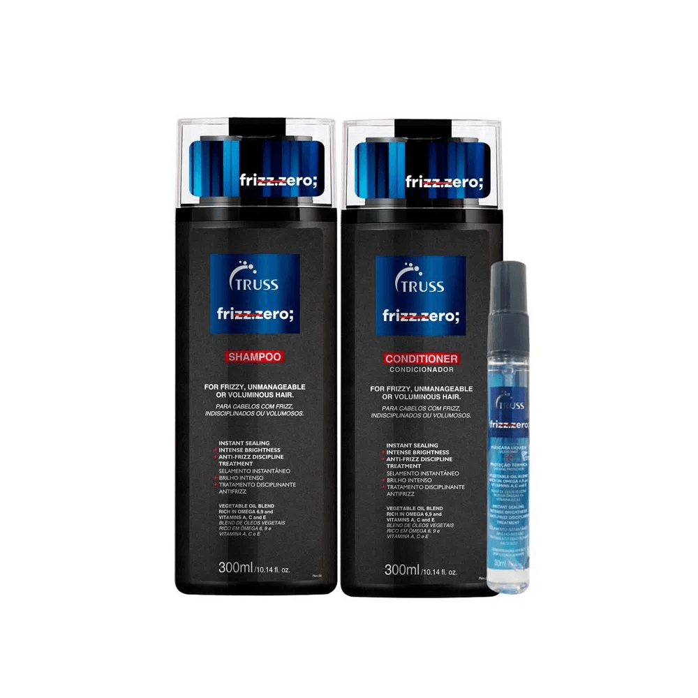 Kit Truss Frizz Zero: shampoo, condicionador 300ml e mini spray azul
