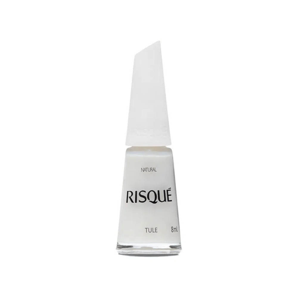 Frasco do Esmalte Risqué Branco Natural Tule 8ml em fundo branco