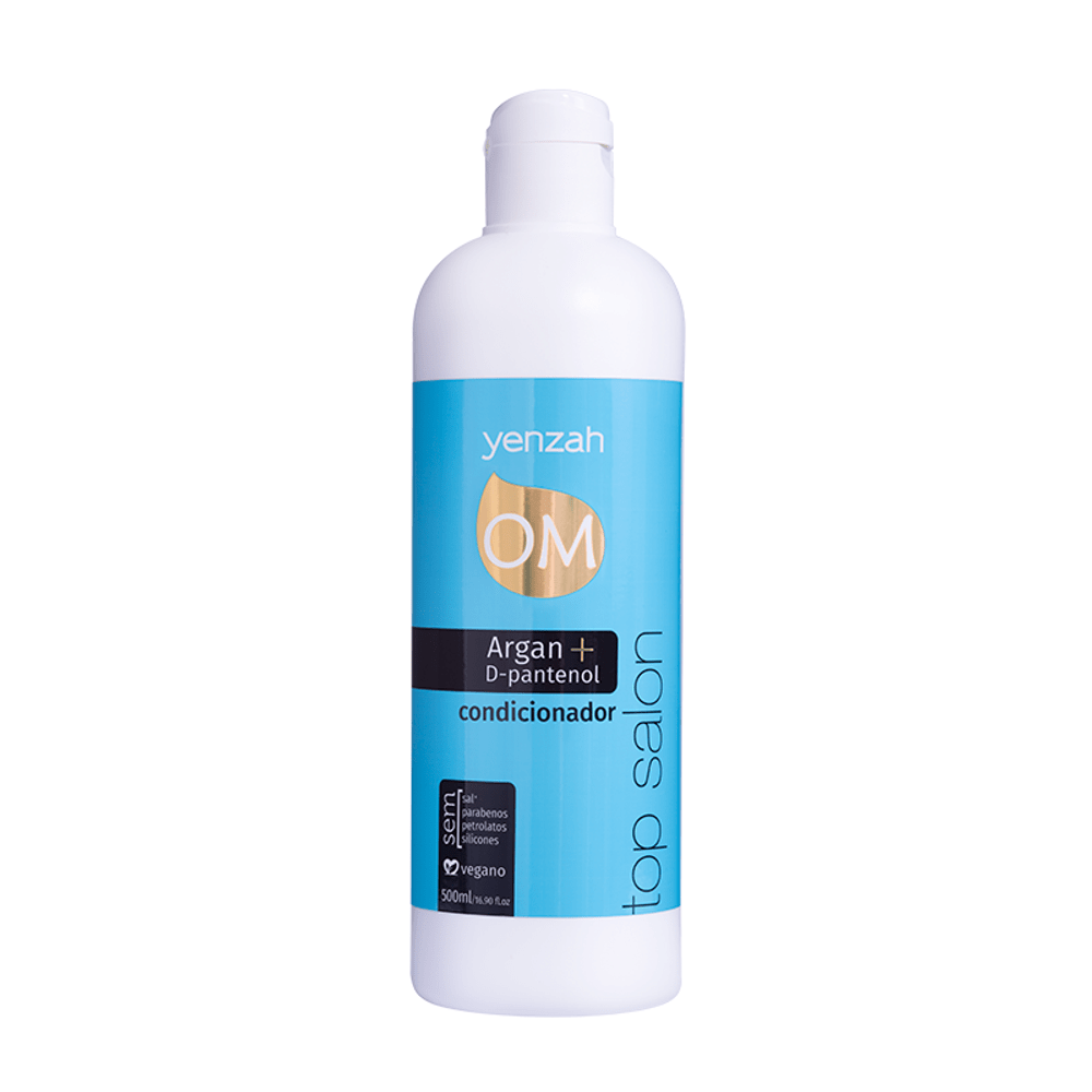 Frasco do Condicionador Yenzah Top Salon OM 500ml mostrando rótulo azul