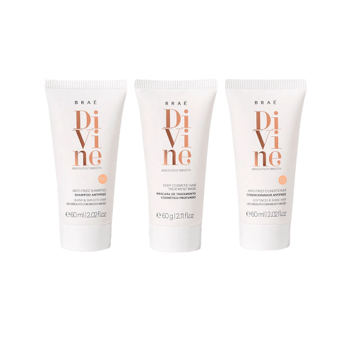 Kit Braé Travel Divine frontal com shampoo, condicionador e máscara 60ml - embalagem branca com detalhe rosé