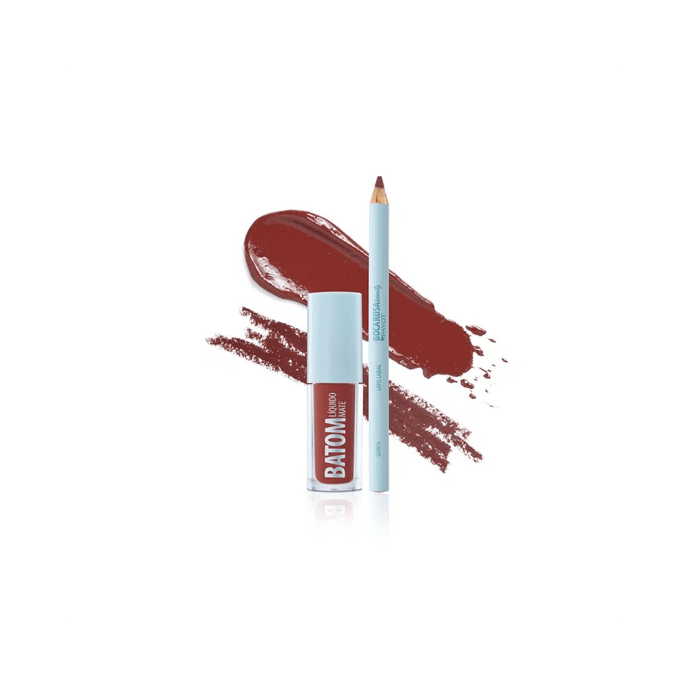 Detalhe do batom líquido e lápis labial com amostras da cor Quinta