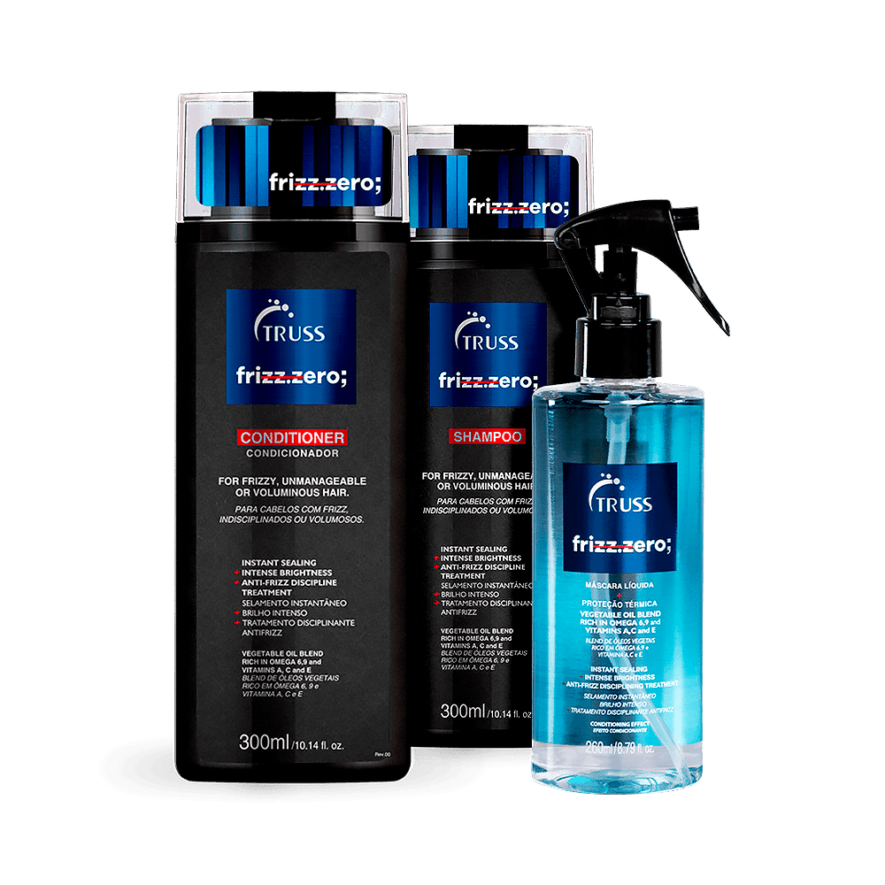 Kit Truss Frizz Zero com shampoo, condicionador e spray alinhados sobre fundo transparente