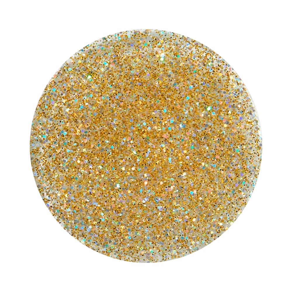 Close textura do esmalte Dailus Dias de Glória mostrando partículas de glitter dourado