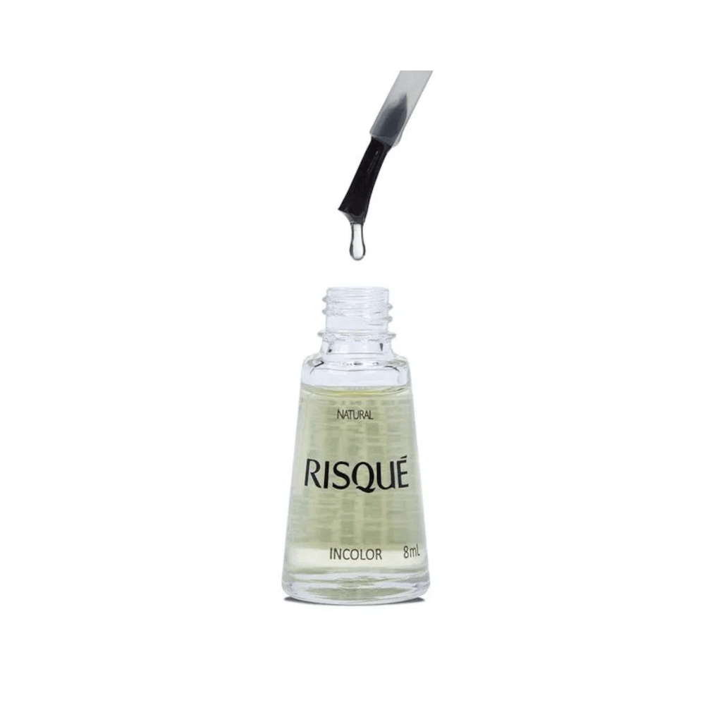 Frasco aberto com pincel do Esmalte Risqué Natural Incolor mostrando a textura