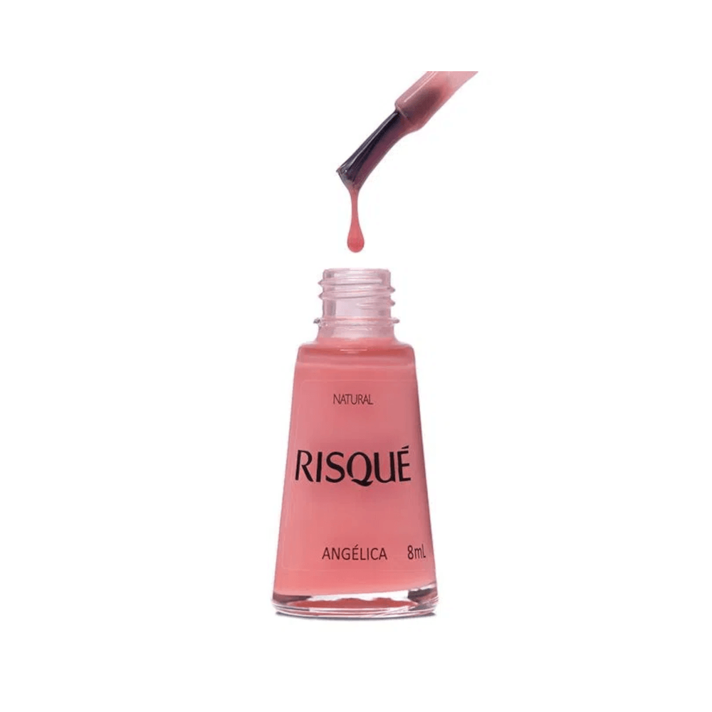 Vista traseira do frasco Esmalte Risqué Natural Angélica mostrando rótulo e características