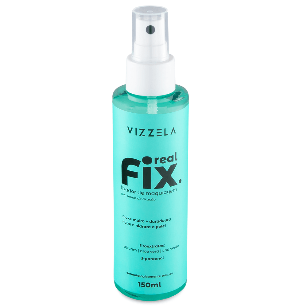 Frasco do Fixador de Maquiagem Vizzela Real Fix 150ml azul-turquesa com spray