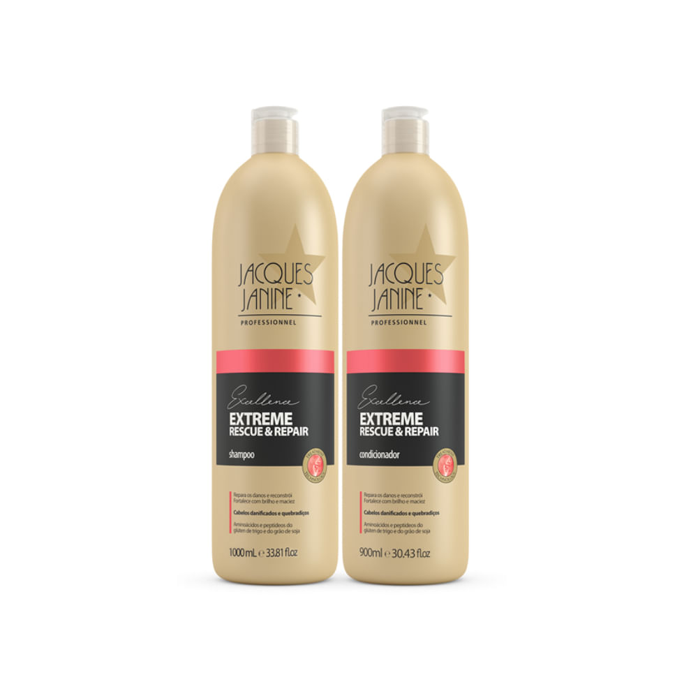 Kit Jacques Janine Extreme Rescue & Repair com shampoo 1000ml e condicionador 900ml em embalagens douradas
