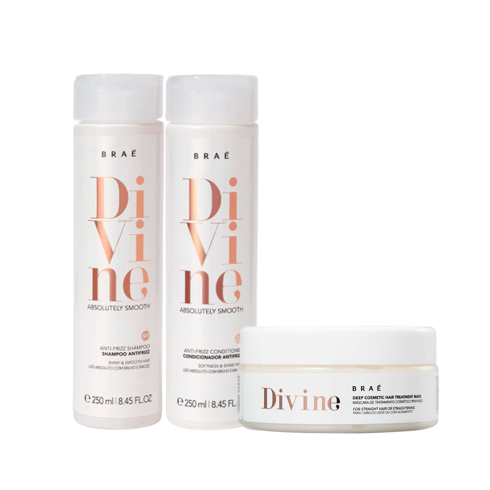 Kit Braé Divine: shampoo 250ml, condicionador 250ml e máscara 200g em embalagem branca com detalhes cobre