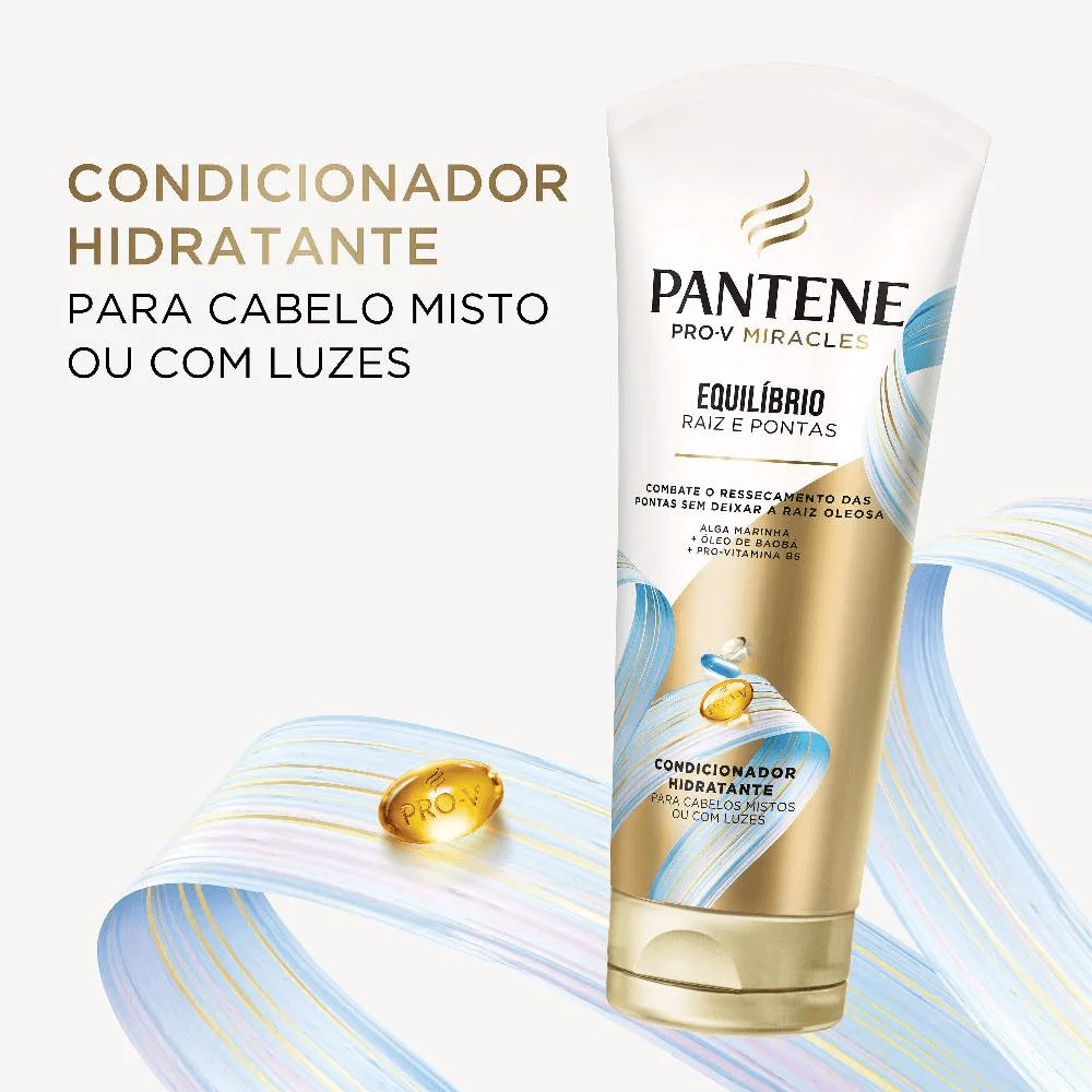 Condicionador Pantene com destaque dos ingredientes alga marinha e óleo de baobá
