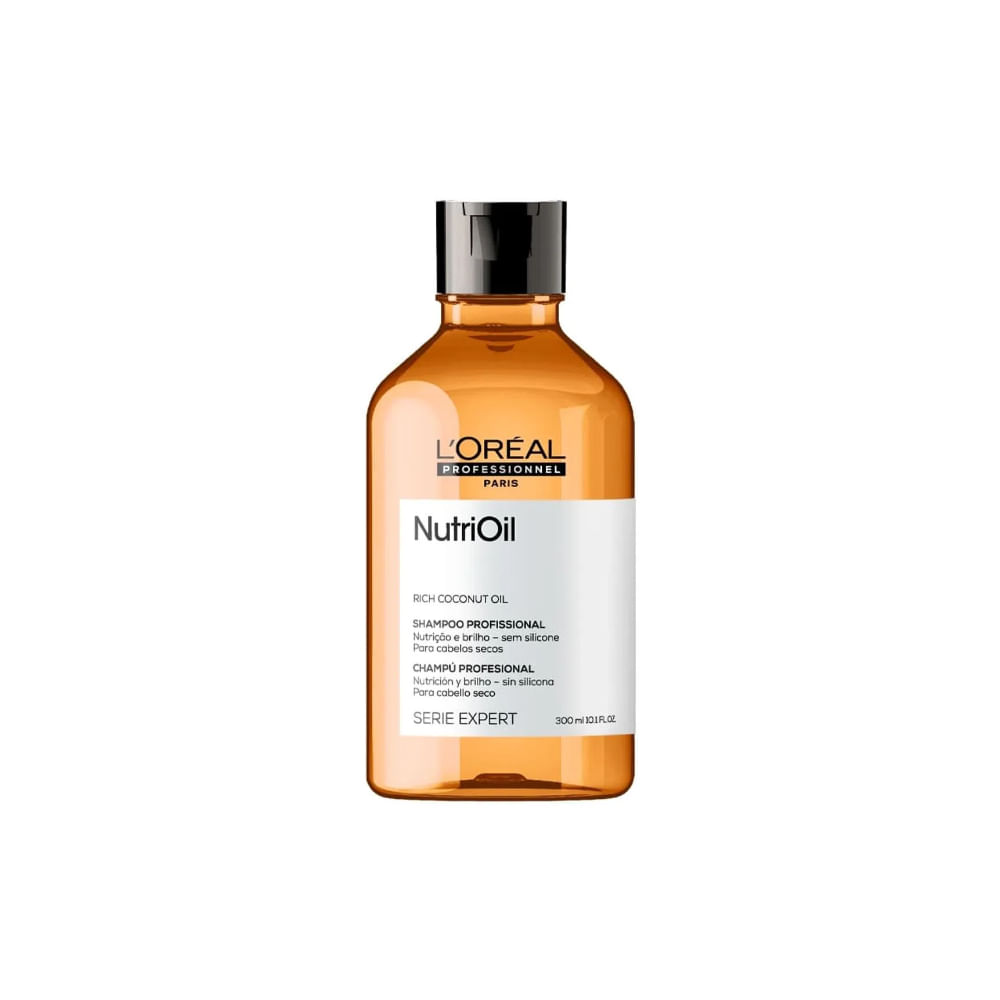 Shampoo Serie Expert NutriOil 300ml frasco âmbar translúcido, rótulo destacando óleo de coco e nutrição