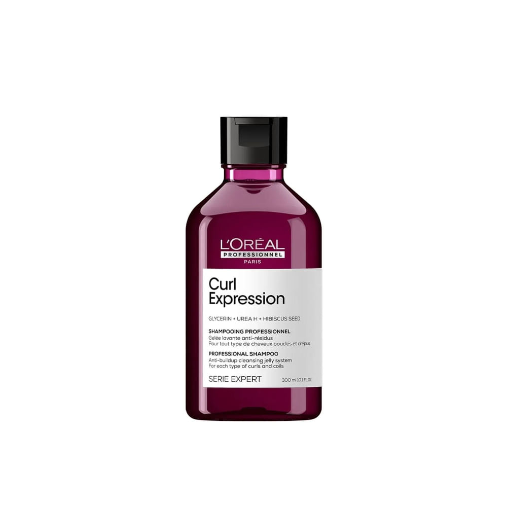 Frasco roxo translúcido do Shampoo L'Oréal Professionnel Serie Expert Curl Expression Antirresíduos 300ml, vista frontal