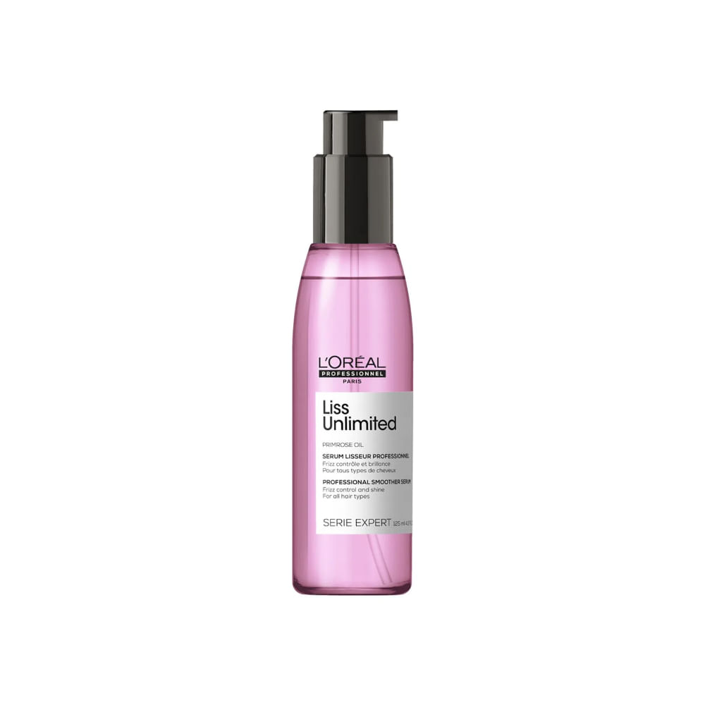 Frontal do Sérum L'Oréal Professionnel Liss Unlimited 125ml, frasco rosa translúcido com pump