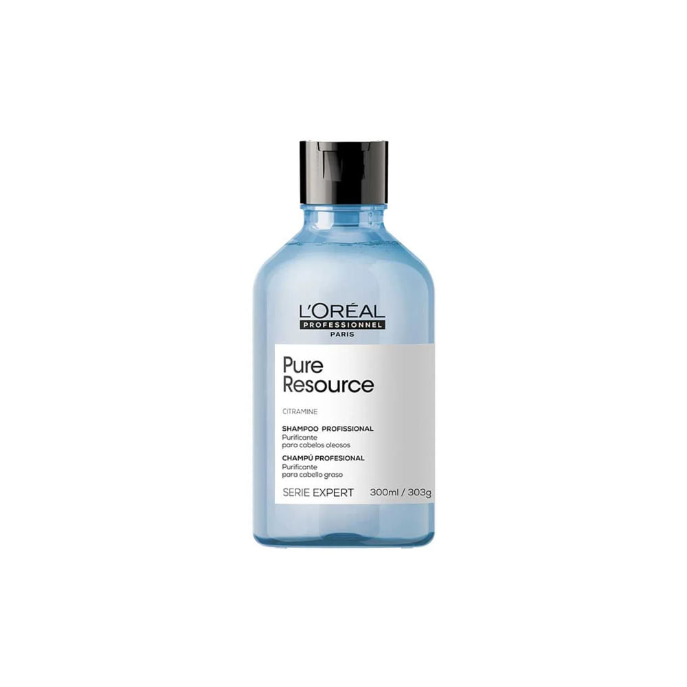 Frente da embalagem azul translúcida do Shampoo L'Oréal Professionnel Serie Expert Pure Resource 300ml