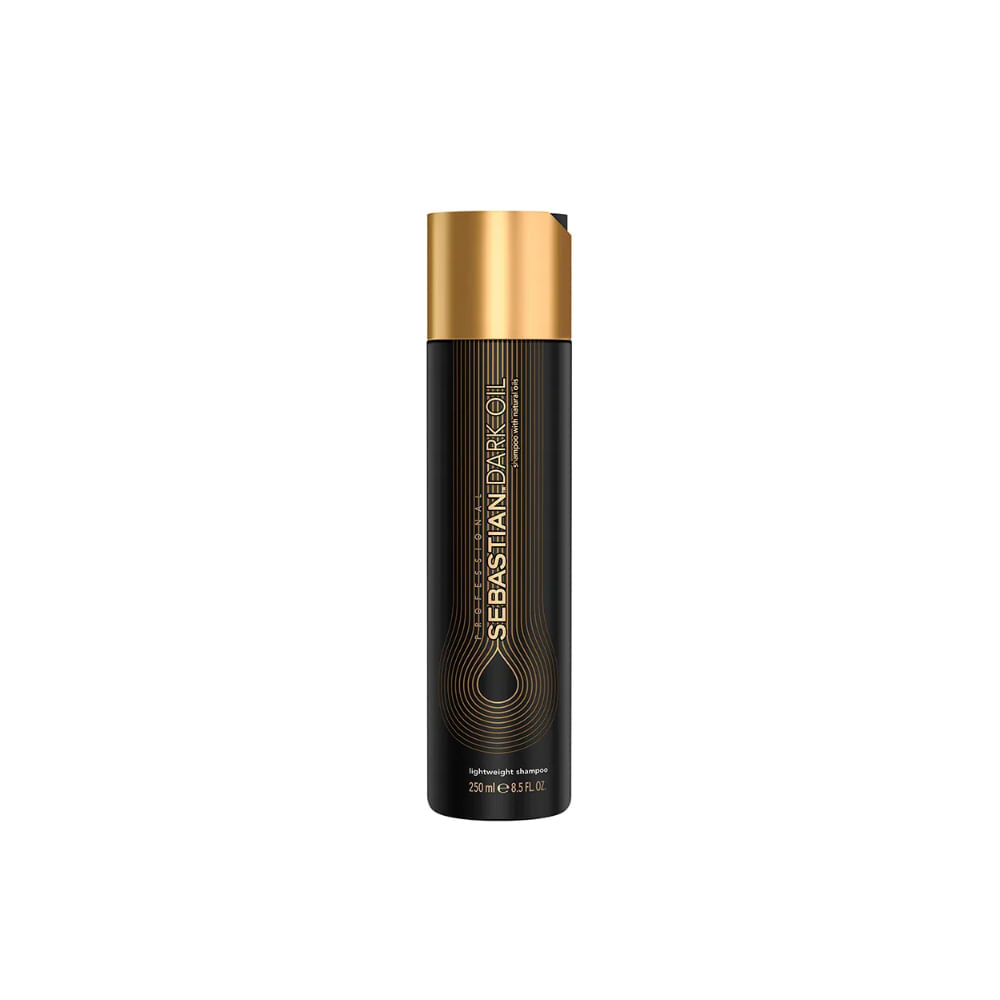 Frasco do Shampoo Sebastian Professional Dark Oil 250ml preto com detalhes dourados