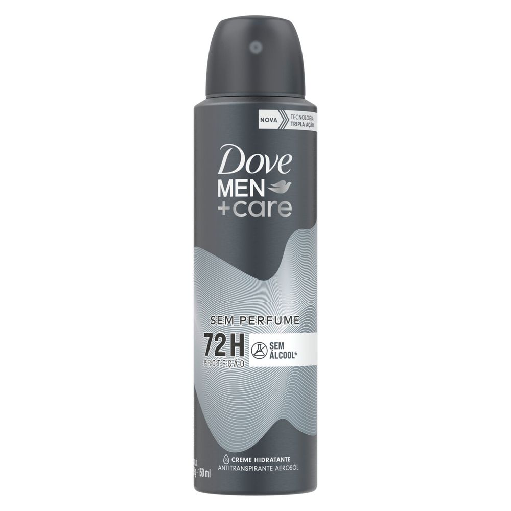 Desodorante aerosol Dove Men+Care Sem Perfume 150ml vista frontal com destaque para rótulo