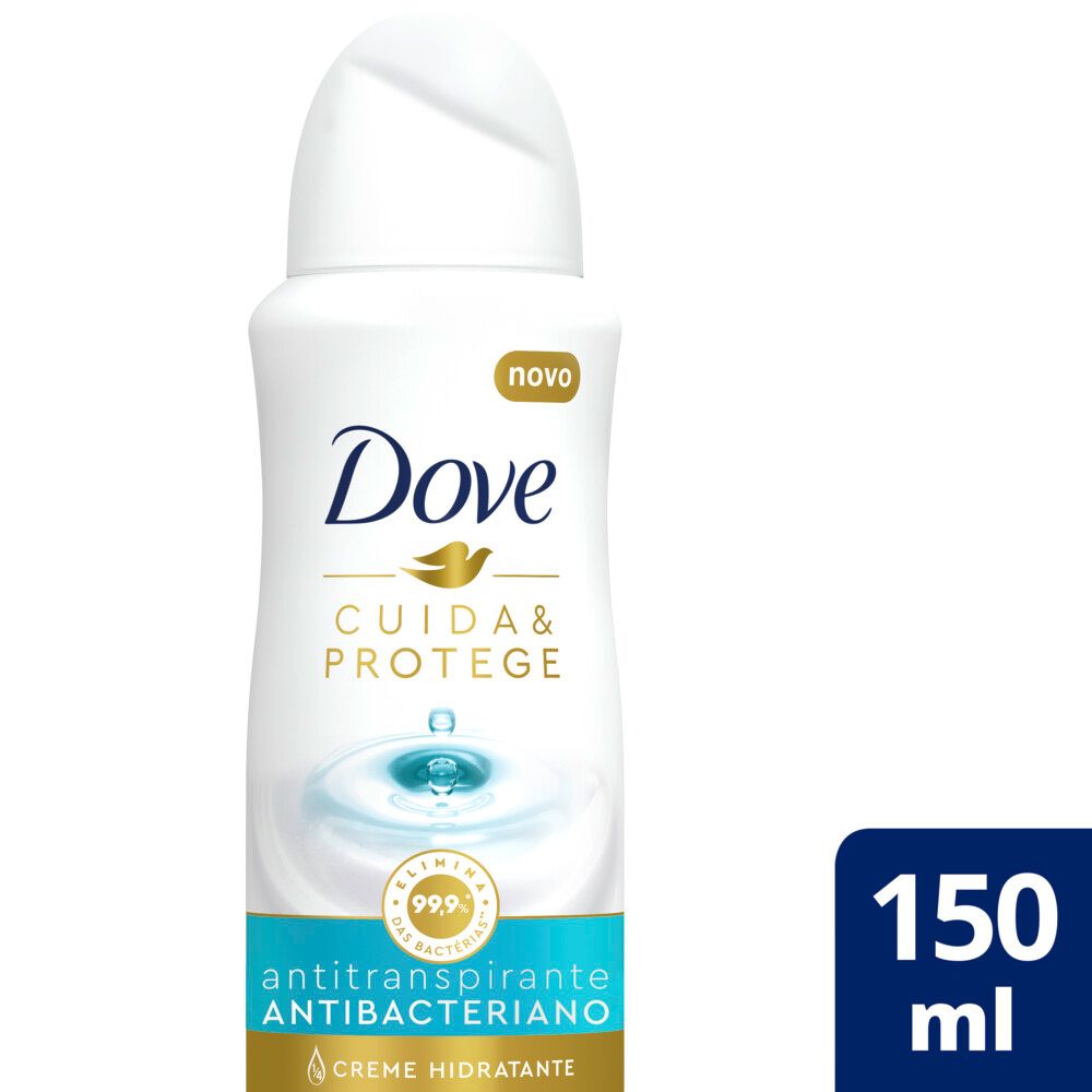 Detalhe da embalagem do desodorante Dove Cuida & Protege destacando creme hidratante e proteção