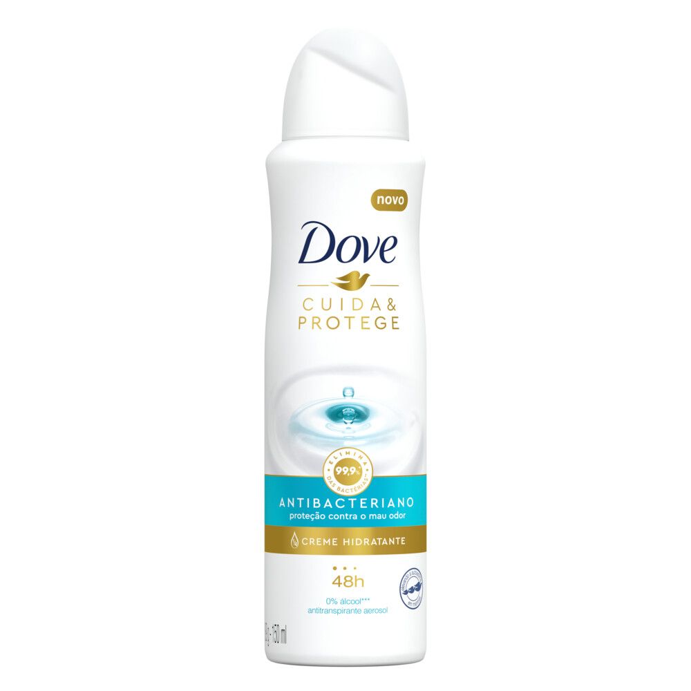 Desodorante antitranspirante aerosol Dove Cuida & Protege 150ml, embalagem branca com detalhes em azul e dourado
