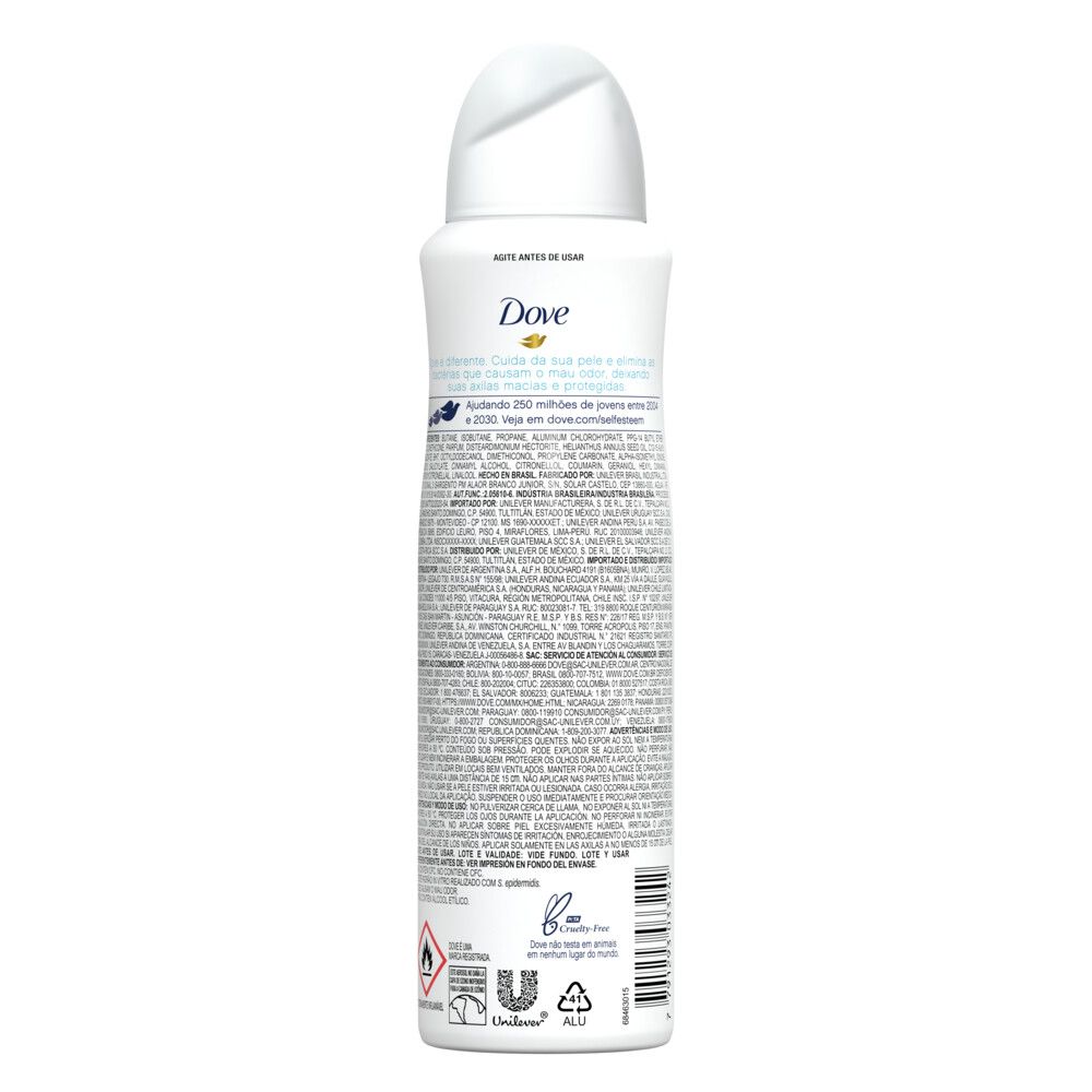 Imagem traseira do desodorante aerosol Dove Cuida & Protege 150ml com detalhes técnicos