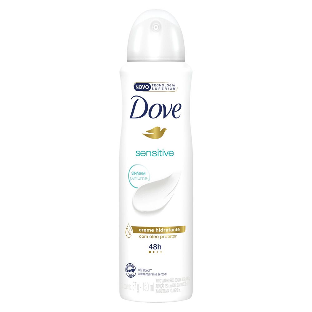 Desodorante Dove Sensitive 150ml mostrando selo tecnologia e indicação sem álcool