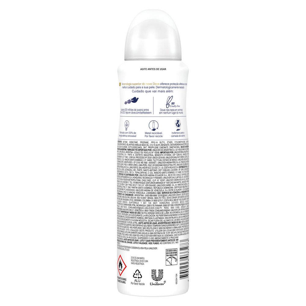Parte traseira do desodorante Dove Sensitive 150ml com informações de ingredientes e instruções