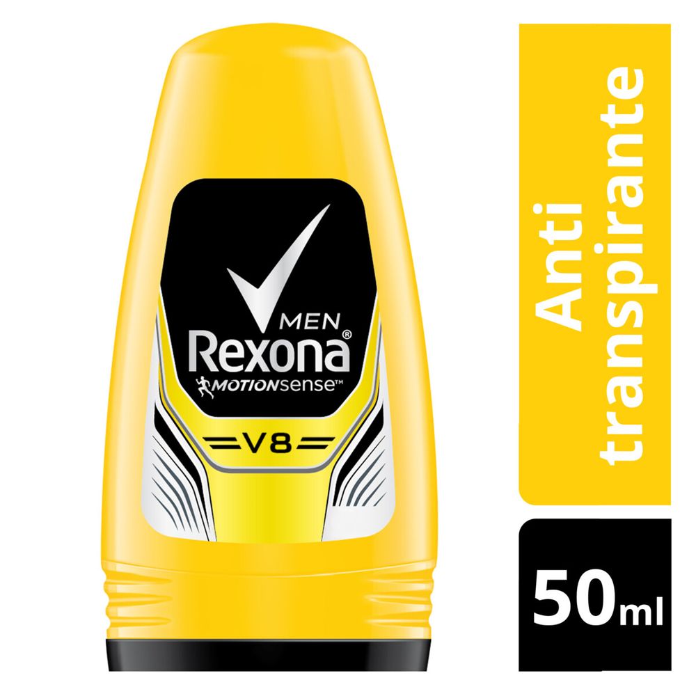 Desodorante Rexona Roll-on Masculino V8 50ml vista frontal, embalagem amarela com detalhes em preto