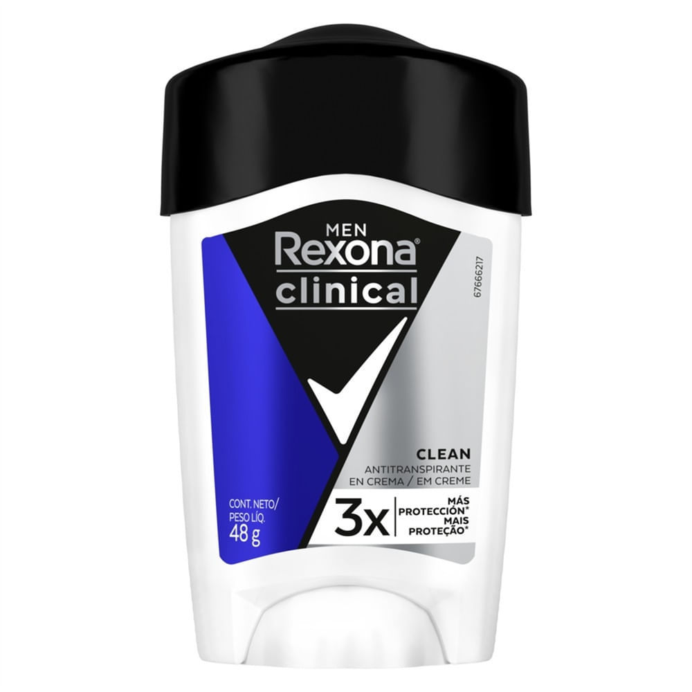 Rótulo frontal do Rexona Men Clinical Clean destacando 3x mais proteção