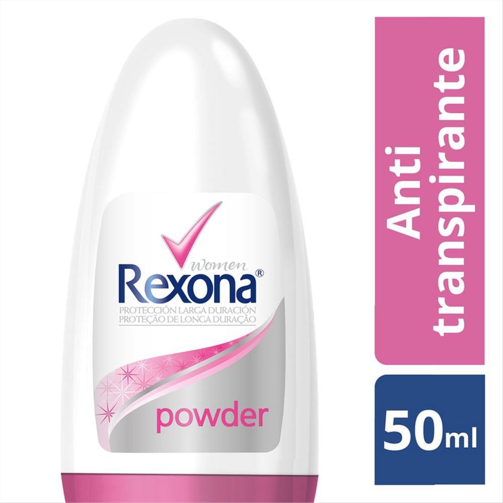 Desodorante Rexona Powder Dry 50ml roll-on embalagem branca com detalhes rosa