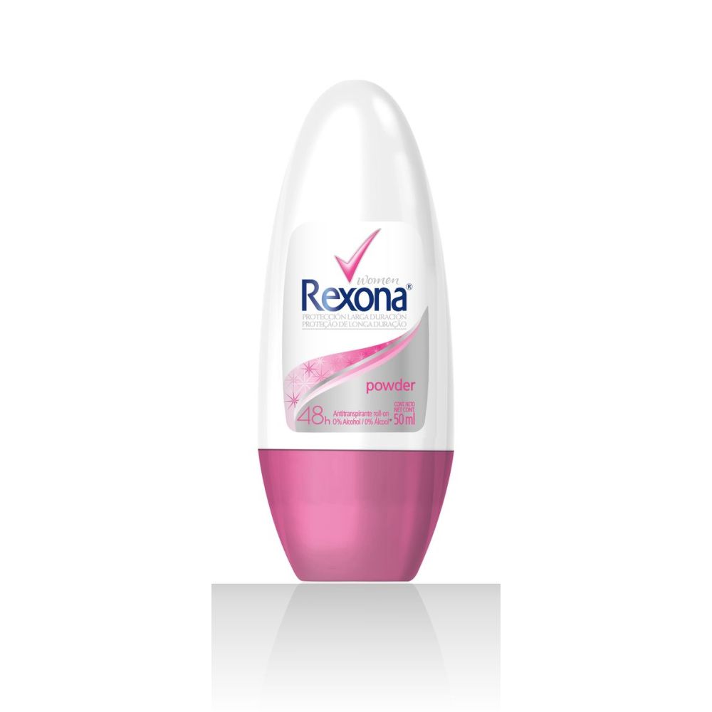Rexona Powder Dry roll-on 50ml com tampa rosa mostrando design compacto
