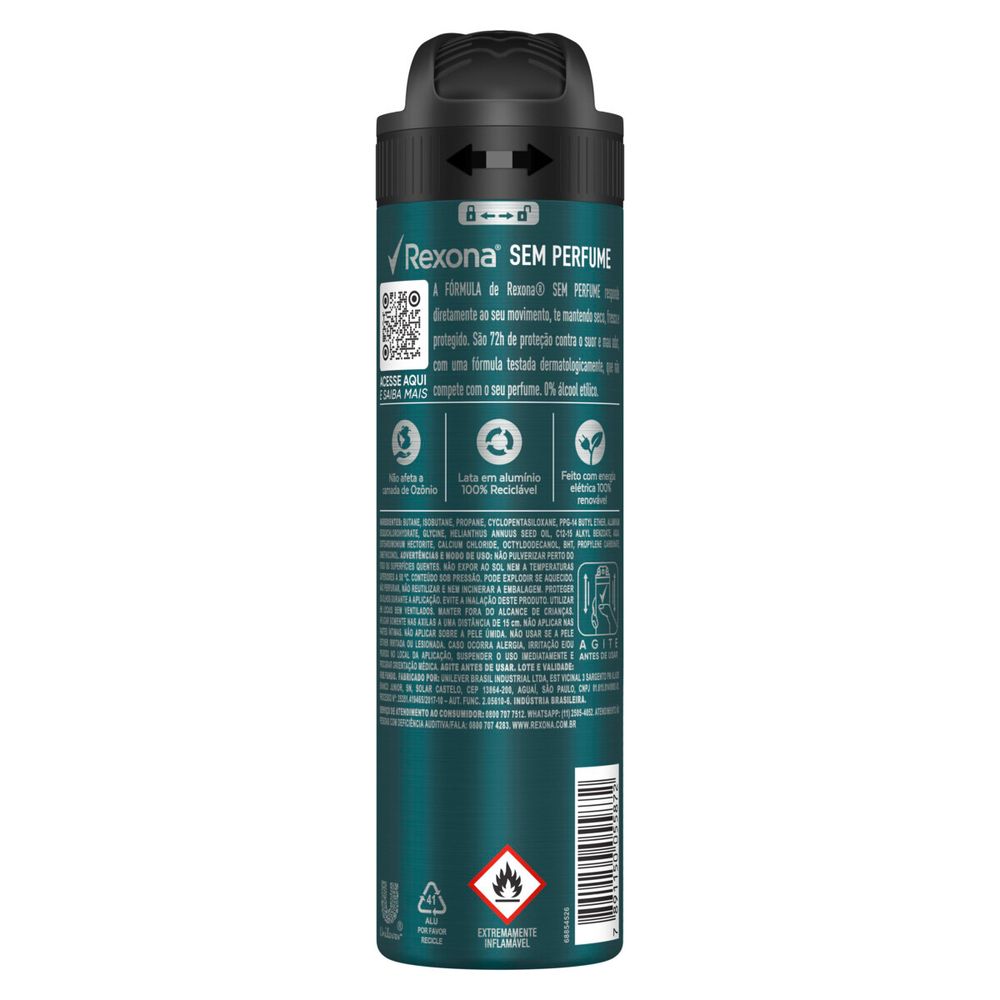 Vista traseira do desodorante Rexona destacando ingredientes e selos de sustentabilidade