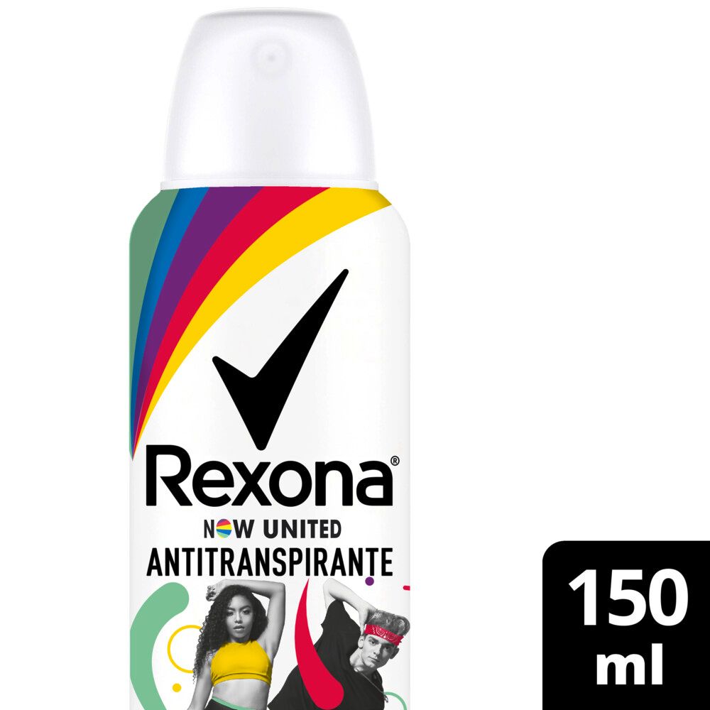 Frontal do desodorante aerosol Rexona Now United com design branco e detalhes coloridos