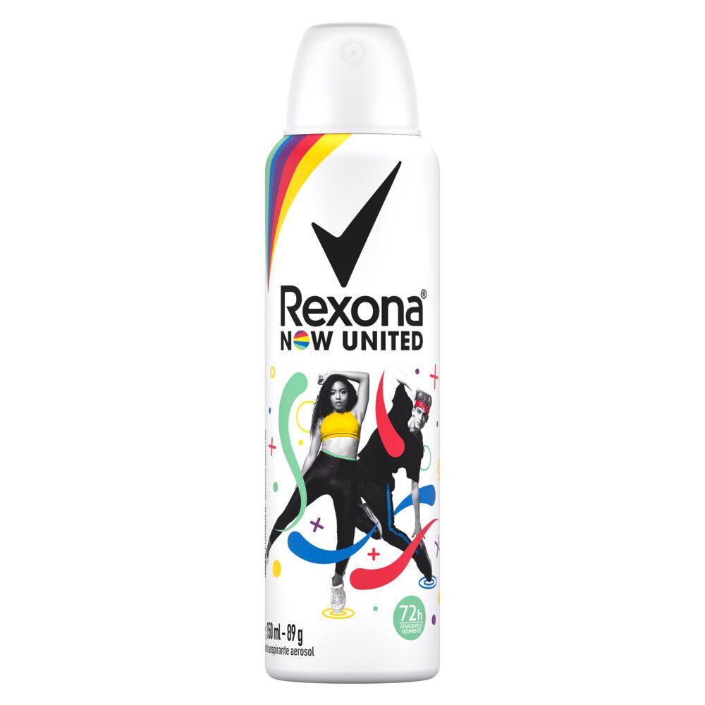 Lata branca do desodorante aerosol Rexona Now United vista frontalmente com selo 72h
