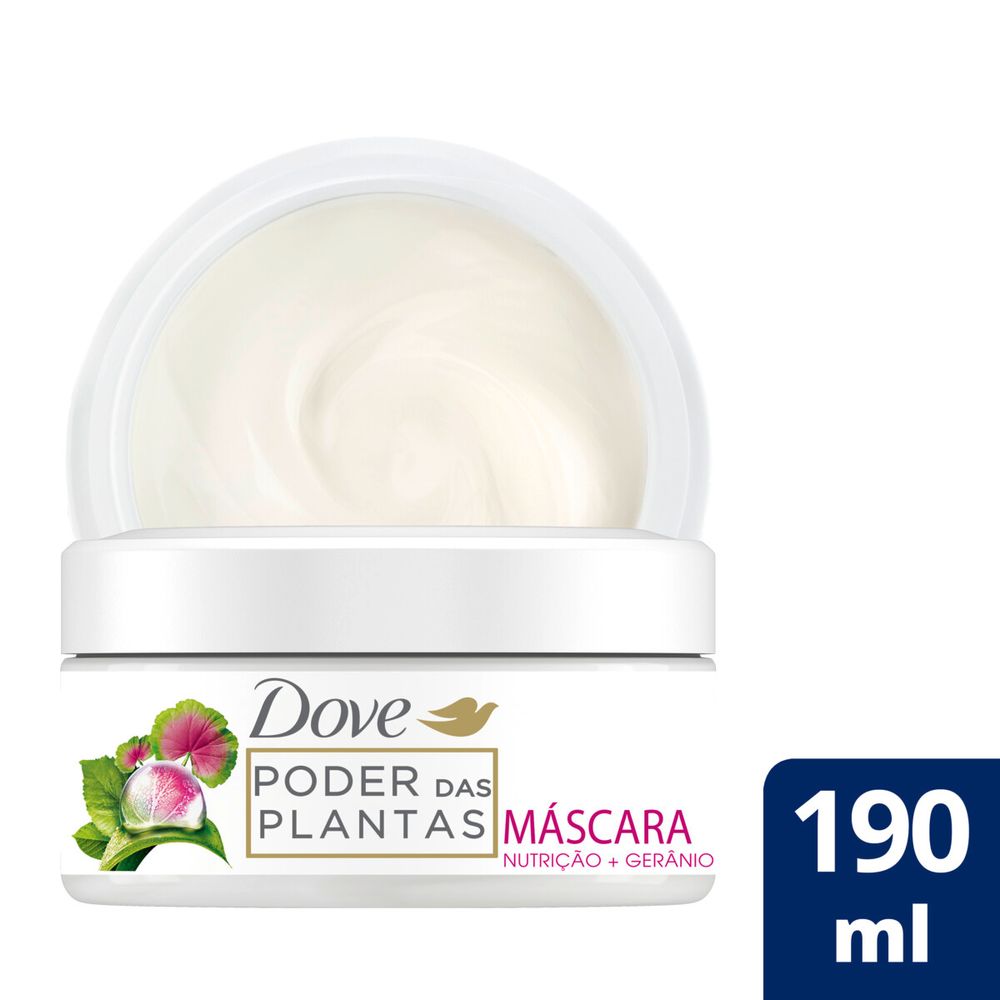 Pote aberto da Máscara de Tratamento Dove Poder das Plantas Nutrição + Gerânio 190ml mostrando o creme