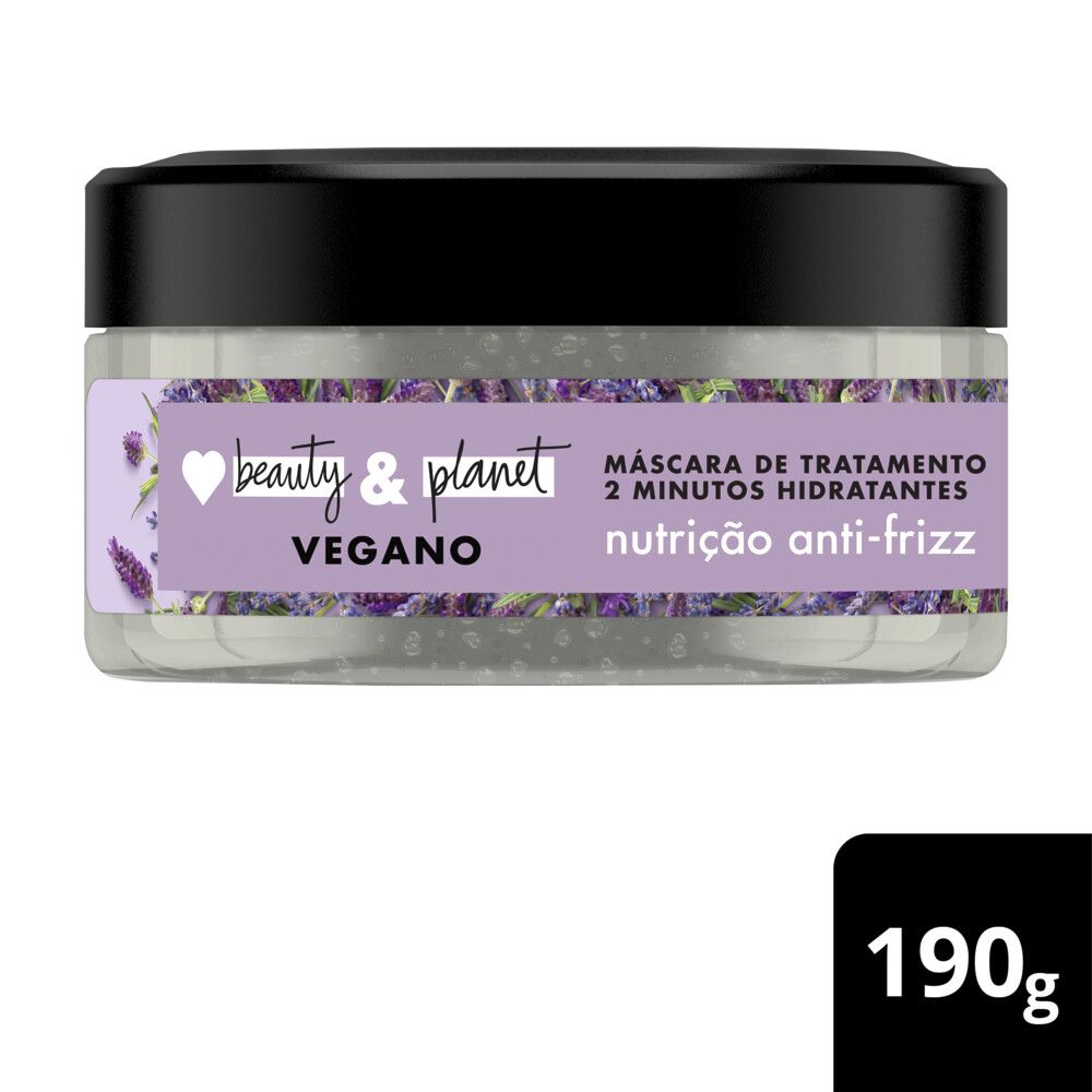 Pote frontal da Máscara Love Beauty And Planet Smooth and Serene com rótulo lilás e flores de lavanda