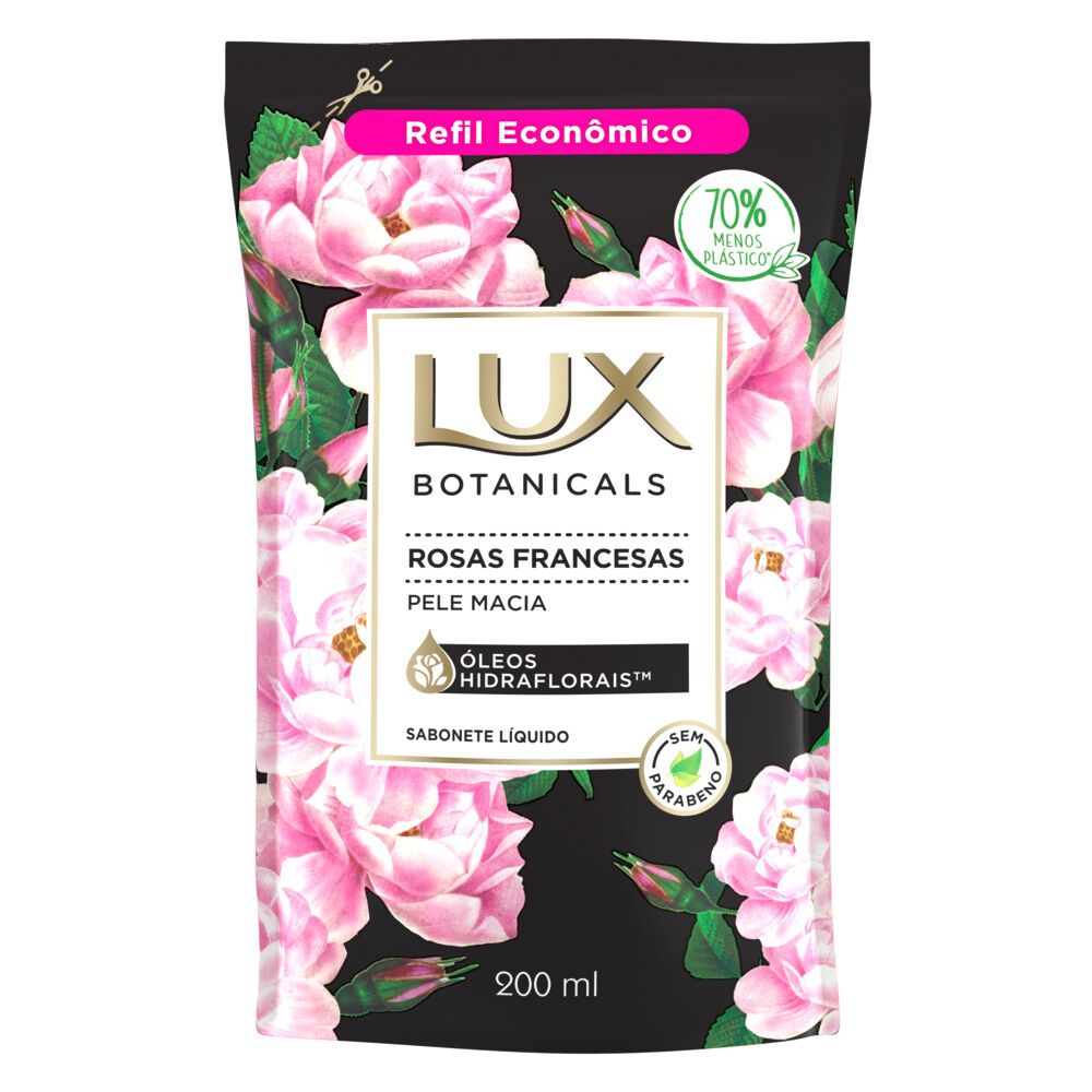 Refil Sabonete Líquido Lux Rosas Francesas 200ml - embalagem preta com flores rosas
