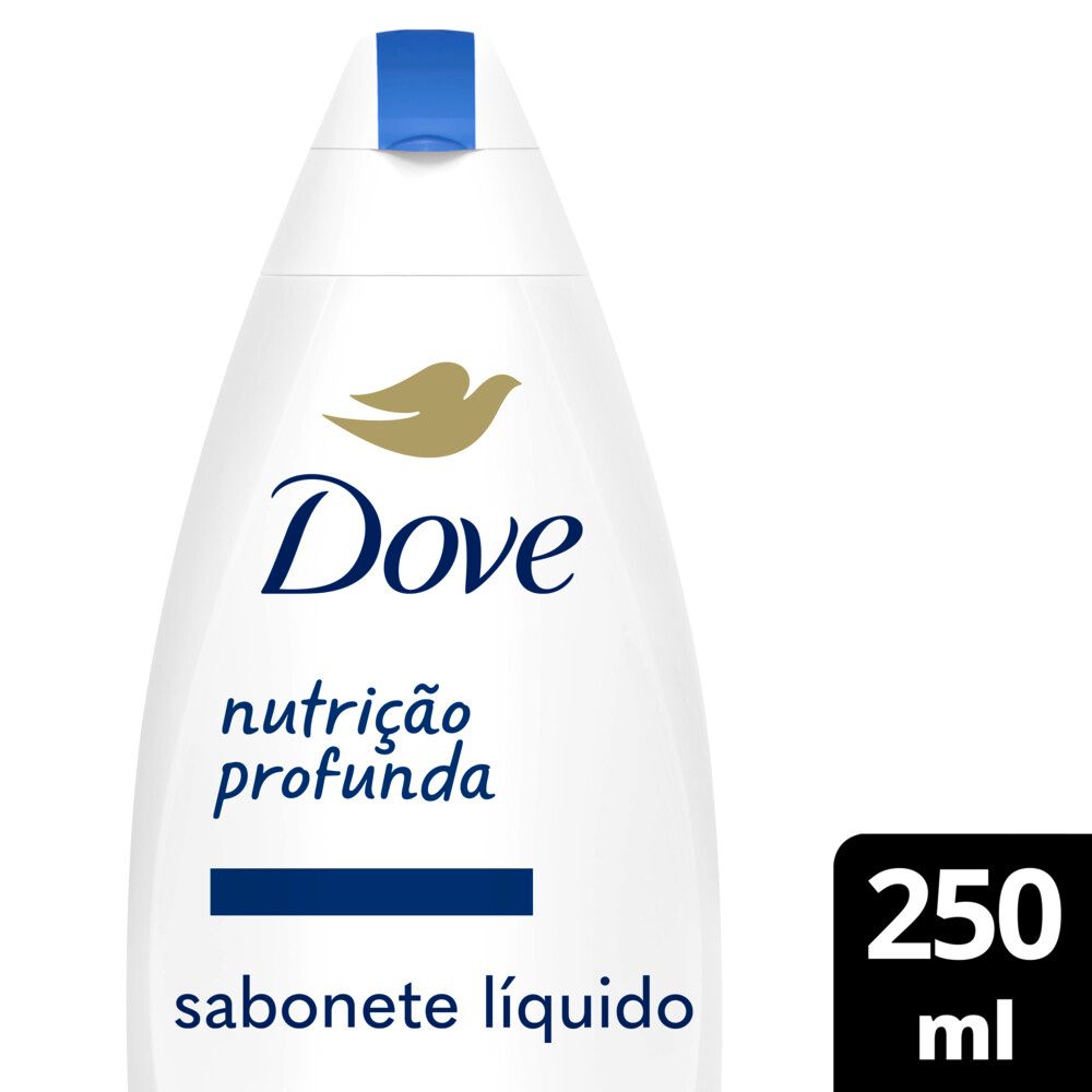 Frente do sabonete líquido Dove Nutrição Profunda 250ml embalagem branca com tampa azul