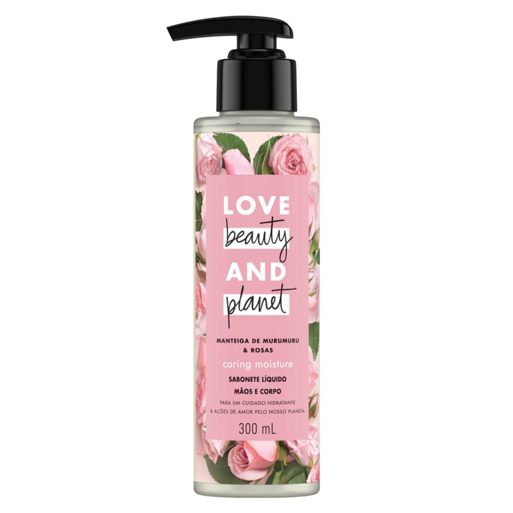 Frasco translúcido com pump preto e design floral do sabonete Love Beauty and Planet