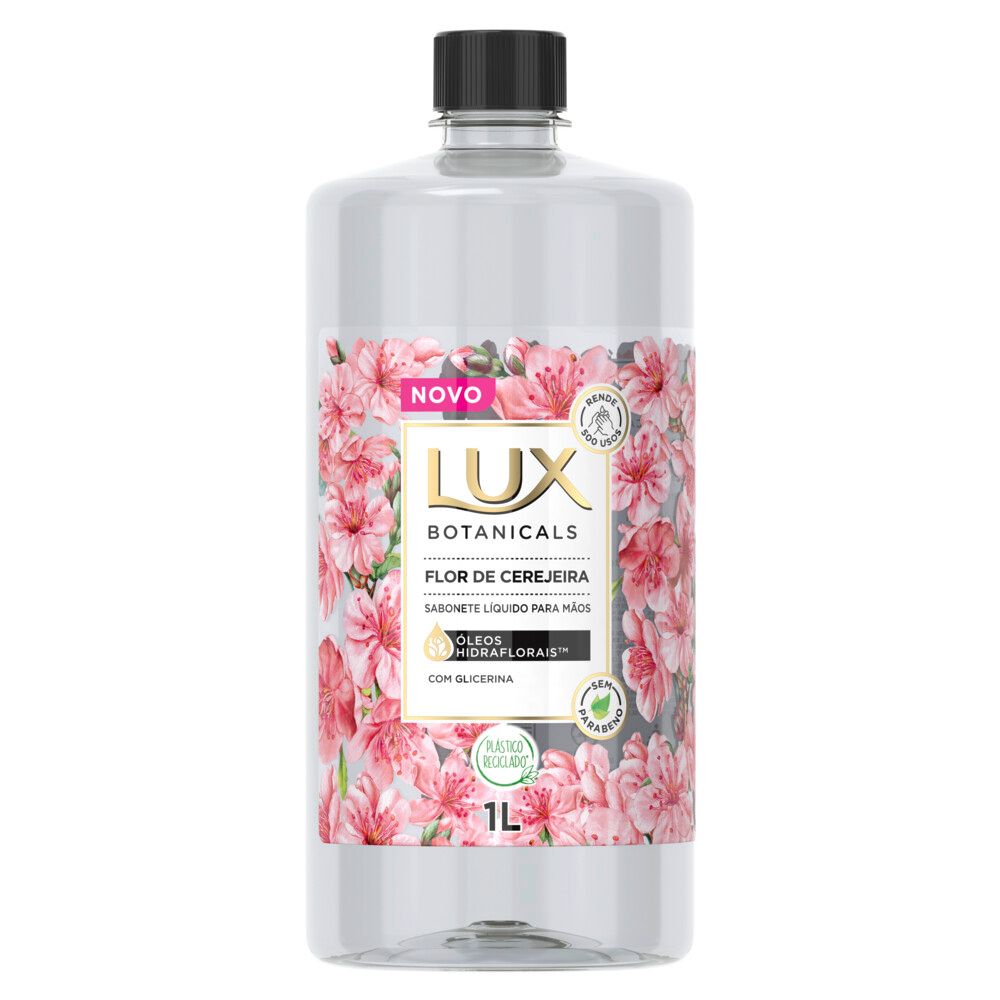 Detalhe do rótulo e composição do Sabonete Lux Botanicals 1L