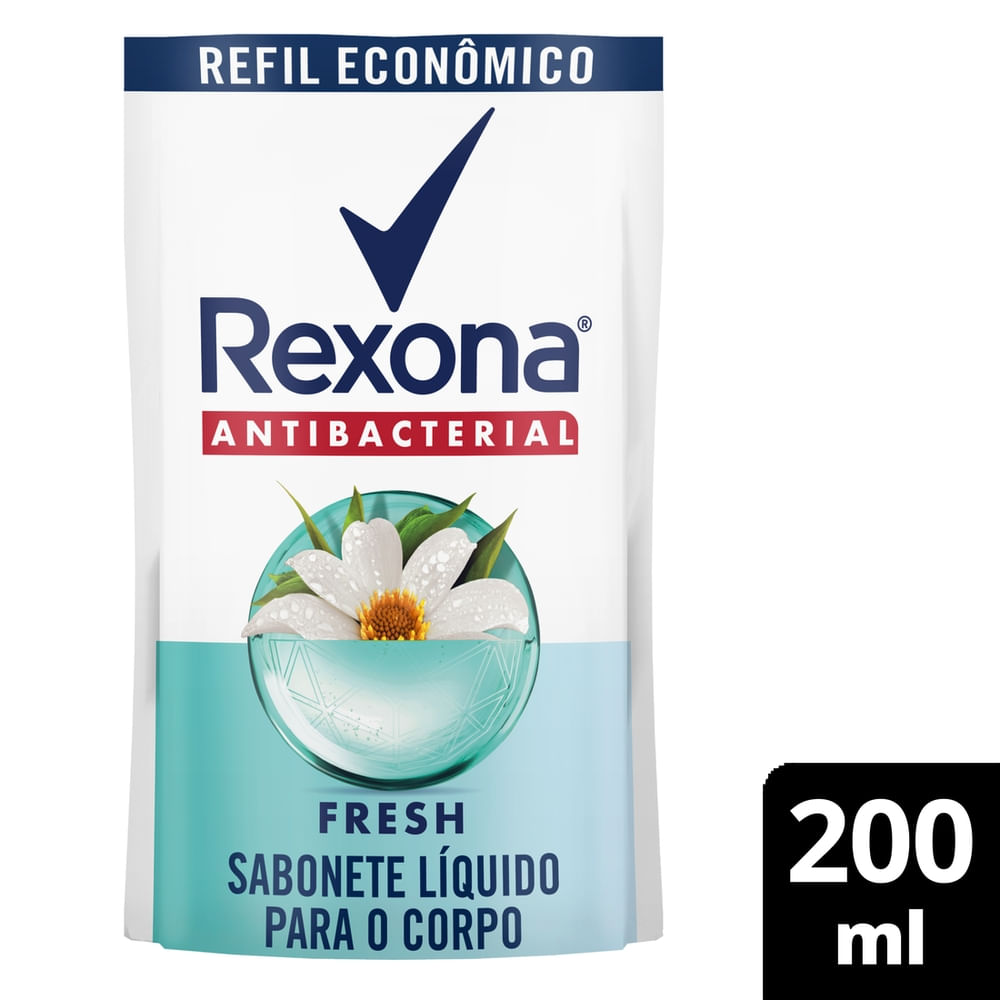 Refil Sabonete Líquido Rexona Antibacterial Fresh 200ml - embalagem frontal com selo Refil Econômico