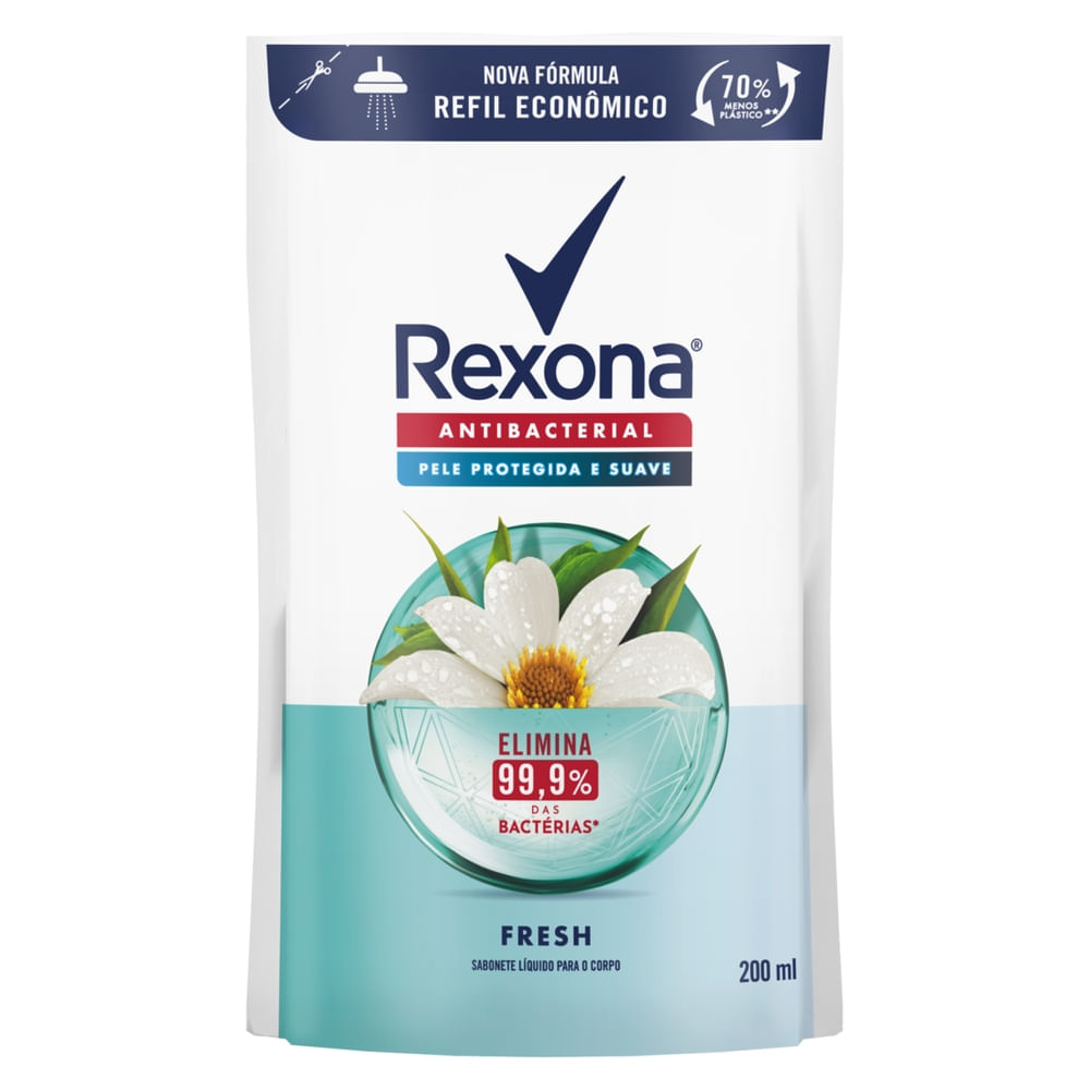 Refil Sabonete Líquido Rexona Antibacterial Fresh mostrando selo de nova fórmula e instruções