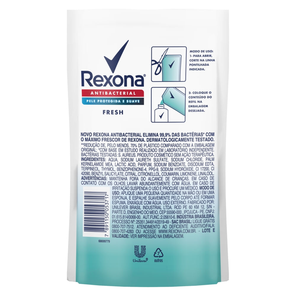 Parte traseira do refil Rexona Antibacterial Fresh com instruções de uso