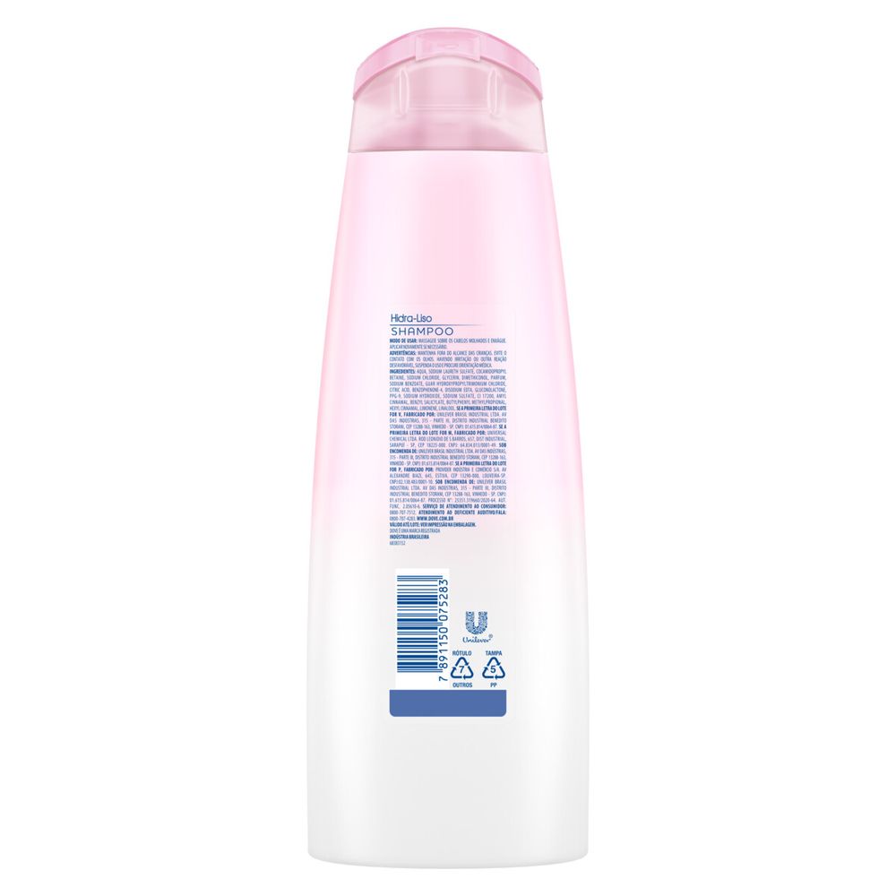 Parte traseira do Shampoo Dove Hidra-Liso 400ml com instruções de uso e ingredientes