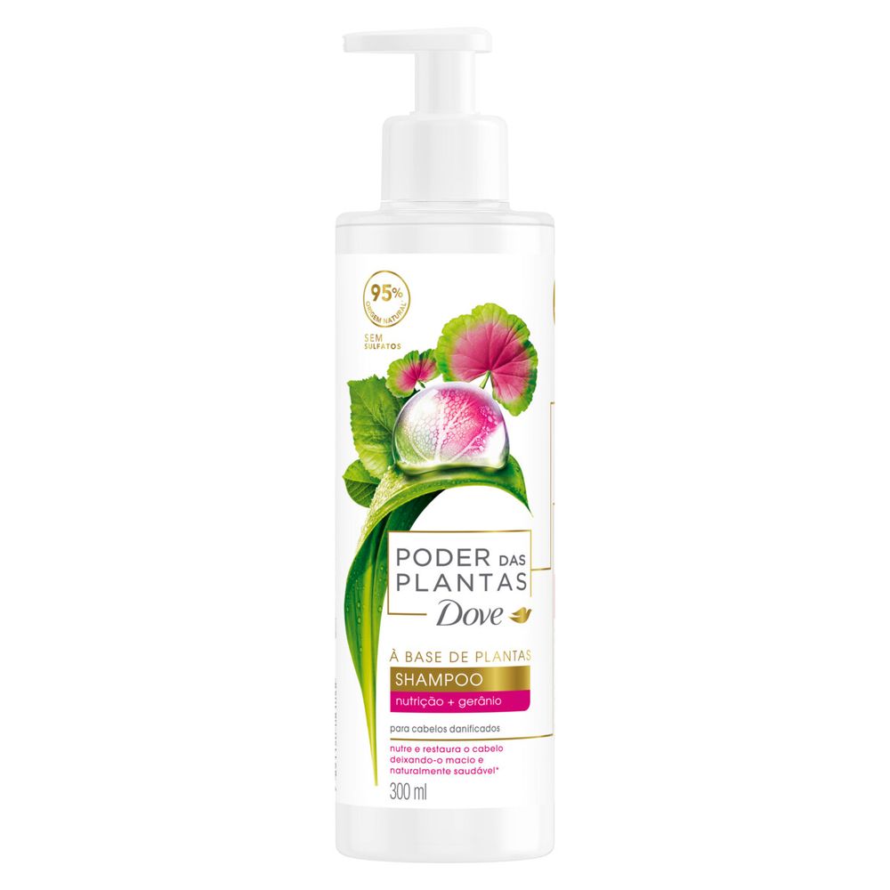Frasco branco com pump do Shampoo Dove Poder das Plantas Nutrição + Gerânio 300ml