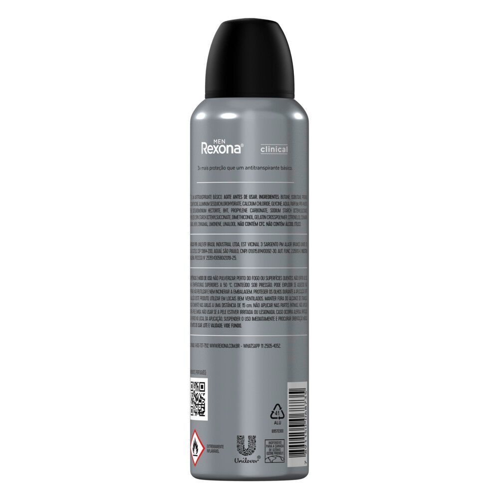 Verso do desodorante Rexona Clinical Sport com informações e ingredientes