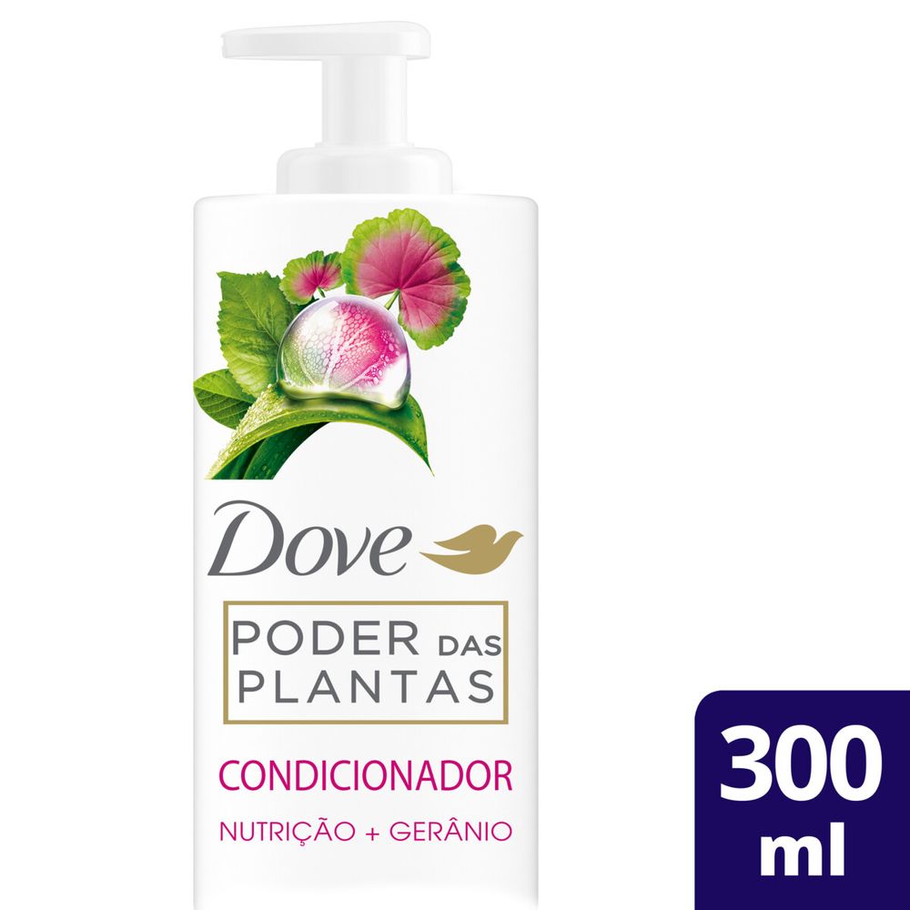 Frontal do condicionador Dove Poder das Plantas Nutrição + Gerânio 300ml em embalagem branca com ilustração de gerânio