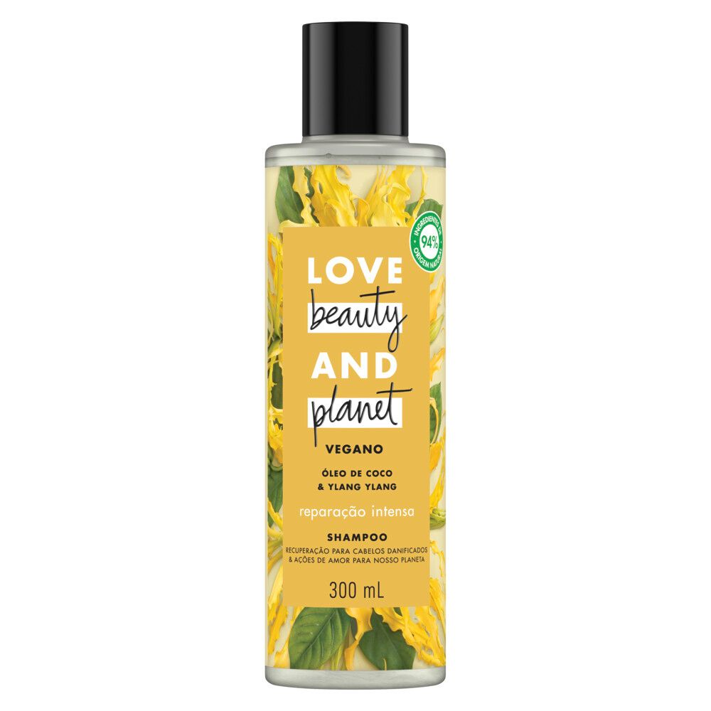 Frontal do frasco do Shampoo Love Beauty and Planet Reparação Intensa 300 ml
