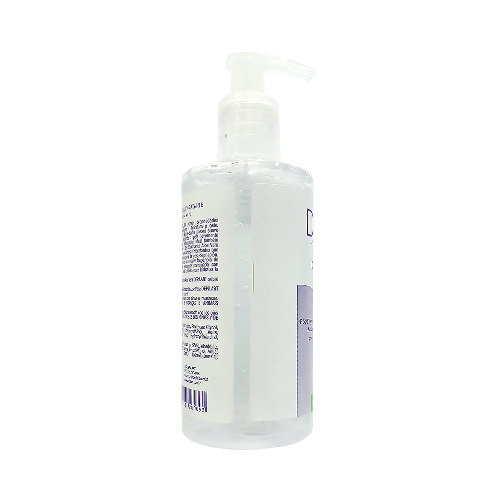 Lateral do frasco transparente do Gel Pós Depilação Depilart Aloe Vera 250ml