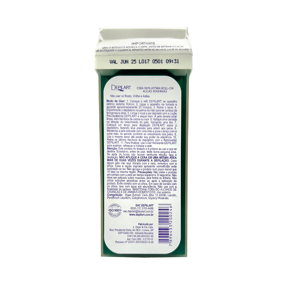 Parte traseira do refil Cera Depilart Roll-on Algas Marinhas 100g com instruções