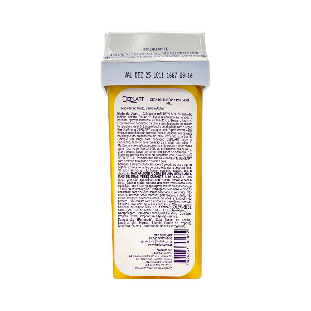 Refil Cera Depilart Roll-on Mel 100g - embalagem amarela translúcida com tampa branca