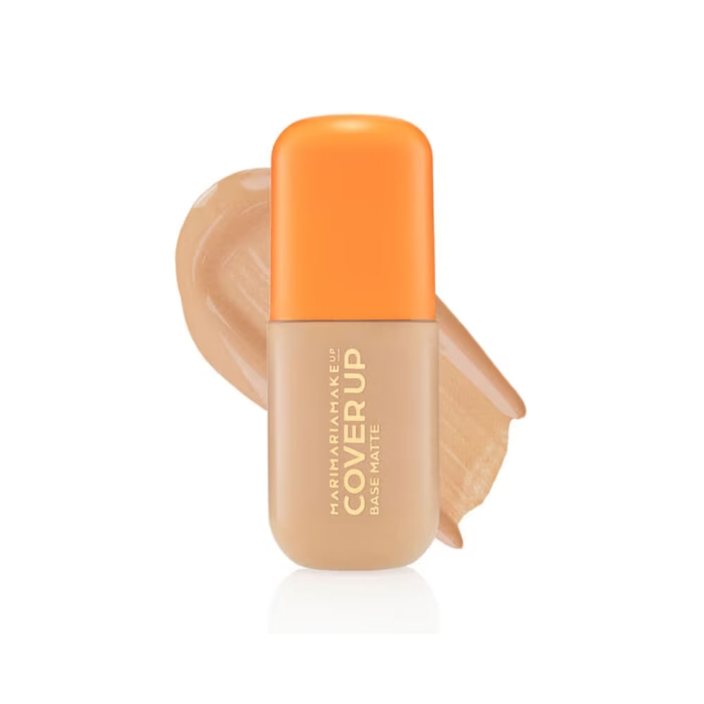 Frasco da Base Mari Maria Cover Up Matte 06 com amostra da textura espalhada